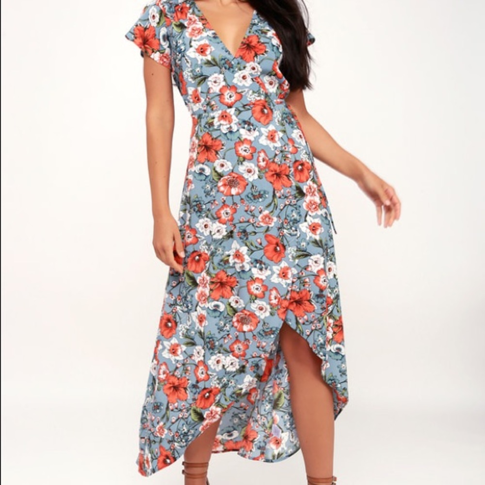 LuLu’s Floral Print Satin High-Low Wrap Dress